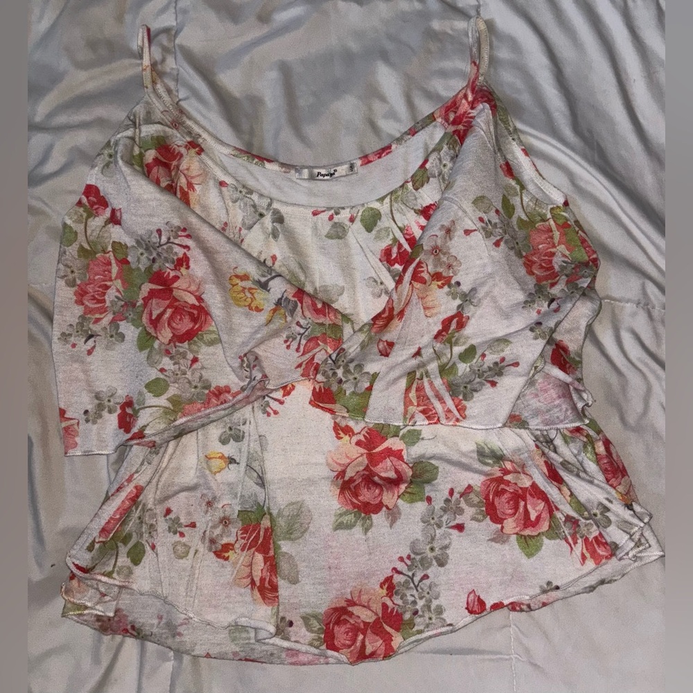 Papaya Cream Color with Red and Green Floral Print Summer Shirt